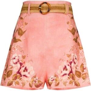 Zimmermann Rosa Linen Shorts in Pink Peony Floral *No Belt*, Size 8, EUC